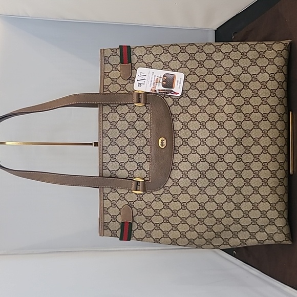 GUCCI ACCESSORIES VINTAGE 70'S WEB SHERRY COATED CANVAS TOTE BAG W SERIAL# - Picture 1 of 17